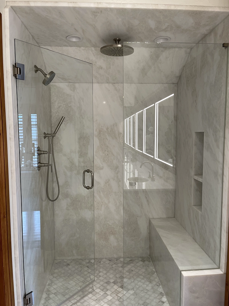 Quartz shower walls with film