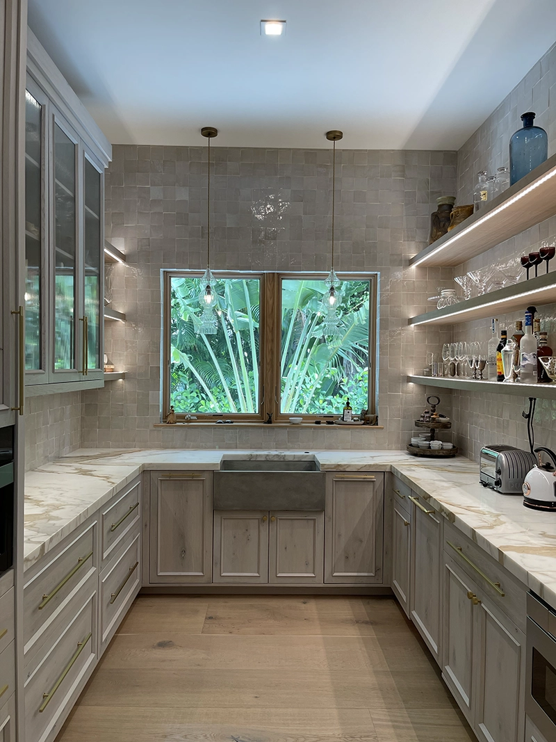 Quartz backsplash with protective film